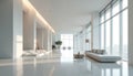 Spacious hall with white interior, sunlight, large windows. Lounge zone includes sofa, table, plants. Clean pavilion, empty lobby Royalty Free Stock Photo