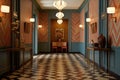 a spacious hallway with chevron floor patterns and ornate wall sconces