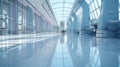 Spacious hospital hallway with empty reception clinic in serene light blue and white tones