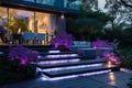 Spacious Illuminated staircase backyard terrace. Generate Ai