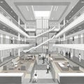 Spacious indoor architectural rendering features a modern, multi-level building with Royalty Free Stock Photo