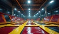 Spacious indoor trampoline park with multiple rectangular trampolines. Empty facility with red and yellow colors. Sports and Royalty Free Stock Photo