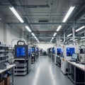 Spacious industrial setting featuring multiple 3D printers lined up in rows. Each printer Royalty Free Stock Photo