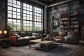 Industrial Loft Living Room with Large Windows Royalty Free Stock Photo