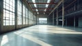Spacious industrial warehouse with panoramic windows and gray concrete flooring, designed for versatile loading and unloading