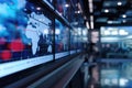 Spacious interior of a business building with very large monitors