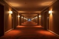 Spacious Interior long hotel corridor. Generate Ai Royalty Free Stock Photo