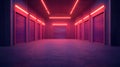 Vibrant Neon Lighting Illuminates a Modern Warehouse with Colorful Metallic Storage Doors Royalty Free Stock Photo