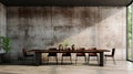 Spacious kitchen with minimalist dining area featuring large wooden table against concrete wall Royalty Free Stock Photo