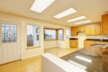 Spacious kitchen room with skylights and black granite tops.