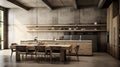 Spacious kitchen with simple dining area featuring large wooden table and concrete wall Royalty Free Stock Photo