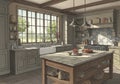 A spacious kitchen with traditional design elements. Features include a large window Royalty Free Stock Photo