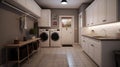 Spacious laundry room in a contemporary home with a combination of wood and tile finishes. Washer and dryer, sink and