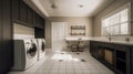 Spacious laundry room in a contemporary home with monochrome finishes in white, gray and black. Washer and dryer, sink