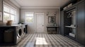 Spacious laundry room in a contemporary home with monochrome finishes in white, gray and black. Washer and dryer, sink