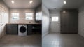 Spacious laundry room in a modern home, classic American interior, washing machine and gray cabinets. A combination of