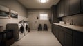 Spacious laundry room in a modern house, classic American interior, washing machine, dryer, gray cabinets, sink, rack.