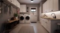 Spacious laundry room in a modern house, classic American interior, washing machine, dryer, white cabinets, sink