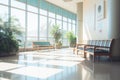 Spacious light hospital lobby interior, no people. AI generated