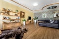 Spacious living room decorated with wooden furniture