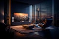 Spacious living room with an expansive urban skyline vista, AI-generated. Royalty Free Stock Photo