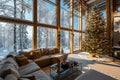 Spacious Living Room Festively Decorated with Christmas Tree and Snowy Forest View Royalty Free Stock Photo