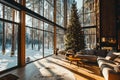 Spacious Living Room Festively Decorated with Christmas Tree and Snowy Forest View Royalty Free Stock Photo