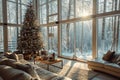 Spacious Living Room Festively Decorated with Christmas Tree and Snowy Forest View Royalty Free Stock Photo