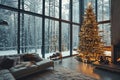 Spacious Living Room Festively Decorated with Christmas Tree and Snowy Forest View Royalty Free Stock Photo