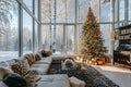 Spacious Living Room Festively Decorated with Christmas Tree and Snowy Forest View Royalty Free Stock Photo