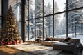 Spacious Living Room Festively Decorated with Christmas Tree and Snowy Forest View Royalty Free Stock Photo