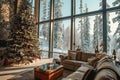 Spacious Living Room Festively Decorated with Christmas Tree and Snowy Forest View Royalty Free Stock Photo