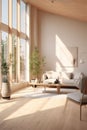 Spacious living room interior in eco scandinavian style with sofa, armchair cushions with large windows in sunlight