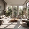 Spacious living room in luxury villa with sunlight. AI generated