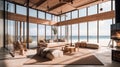 a spacious living room overlooking the ocean and sand dunes at dusk