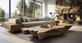 Spacious Living Room with a Unique Tree Stump Table. Minimalist home interior design of modern living room in house. Generative AI