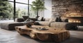 Spacious Living Room with a Unique Tree Stump Table. Minimalist home interior design of modern living room in house. Generative AI Royalty Free Stock Photo