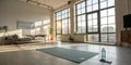 Empty Stylish Loft Apartment With Big Window. Sun Shinning on Spacious and Bright Living Room With Yoga Mat and Bottle of Water Royalty Free Stock Photo