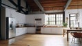 Spacious loft style kitchen with dining area. White facades, large wooden table, modern kitchen appliances, wooden floor Royalty Free Stock Photo