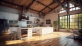 Spacious loft style kitchen with dining area. White facades, open shelves, large kitchen island, modern kitchen Royalty Free Stock Photo