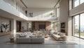 Spacious and luxurious modern living room interior design with high ceilings and large windows Royalty Free Stock Photo