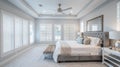 Spacious Master Bedroom with Elegant Grey Upholstered Bed and Natural Light Royalty Free Stock Photo