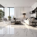 Spacious minimalist home interior design of modern living room with marble tiled floor