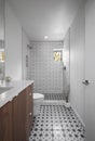Spacious modern bathroom with a nice pattern tiled floor