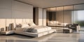 Serene modern bedroom with large bed and frosted glass partition interior luxury Royalty Free Stock Photo