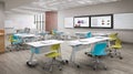 Modern classroom with white tables, colorful chairs, interactive screens, and whiteboards. Royalty Free Stock Photo