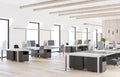 Spacious modern coworking office with eco style furniture, wooden floor and comfortable workplaces Royalty Free Stock Photo