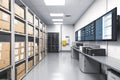 Modern Data Center with Storage Racks, Computer Equipment, and Large Display Screens Showcasing Network Operations and