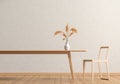 Spacious modern dining room with wooden chair and table. Minimalist dining room design. 3D illustration