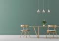 Spacious modern dining room with wooden chairs and table.  Minimalist dining room design. 3D illustration Royalty Free Stock Photo